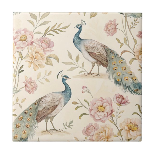 Elegant Peacock Floral Vintage (9) Ceramic Tile (Front)