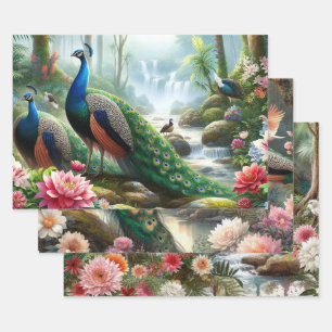 Elegant Peacock Floral Wrapping Paper Sheets