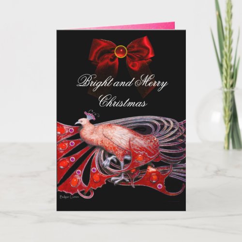 ELEGANT PEACOCK GEM STONES AND RED CHRISTMAS BOW HOLIDAY CARD
