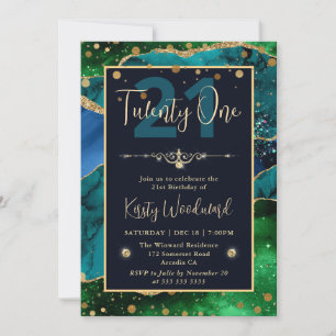 Elegant Peacock Glitter Agate Birthday Party Invitation