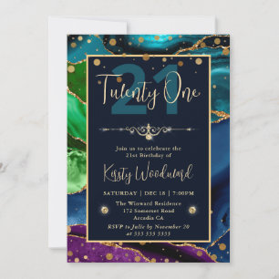 Elegant Peacock Glitter Agate Birthday Party Invitation