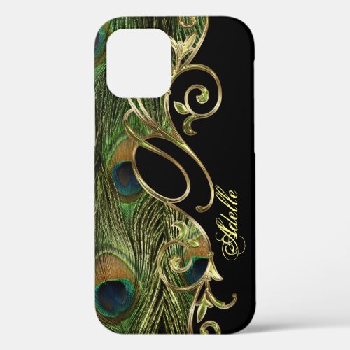 Elegant Peacock Golden Swirling Ornament Monogram iPhone 12 Case