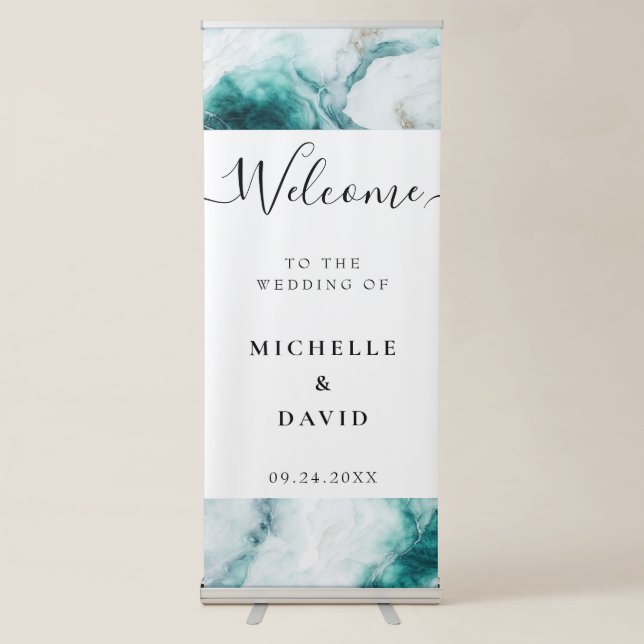 Elegant Peacock Green Marble Wedding Welcome  Retractable Banner (Front)