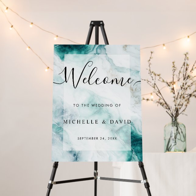 Elegant Peacock Green Marble Wedding Welcome Sign (In Situ (Stand))