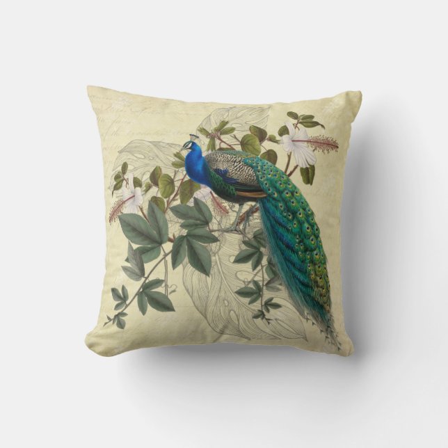Elegant Peacock Hibiscus Ephemera Yellow Vintage Throw Pillow (Front)