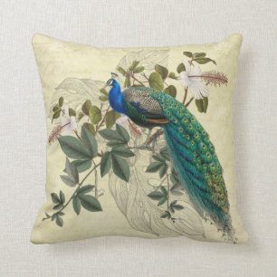 Elegant Peacock Hibiscus Ephemera Yellow Vintage Throw Pillow