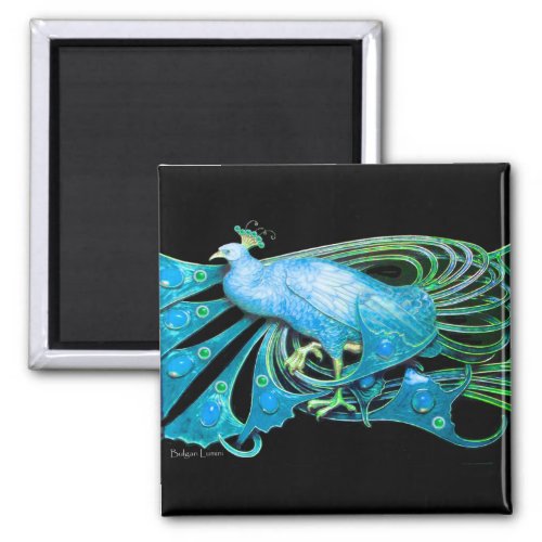 ELEGANT PEACOCK IN AQUA BLUE TEAL GREENBLACK MAGNET