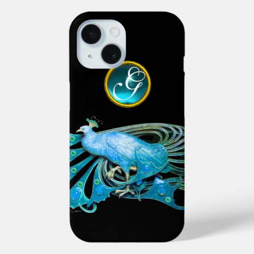 ELEGANT PEACOCK IN BLUE  AQUAMARINE MONOGRAM iPhone 15 CASE