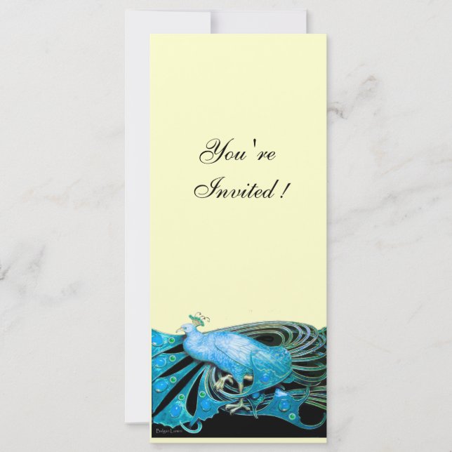 ELEGANT PEACOCK IN BLUE ,BLACK. SILVER METALLIC INVITATION (Front)