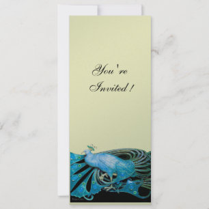 ELEGANT PEACOCK IN BLUE ,BLACK. SILVER METALLIC INVITATION