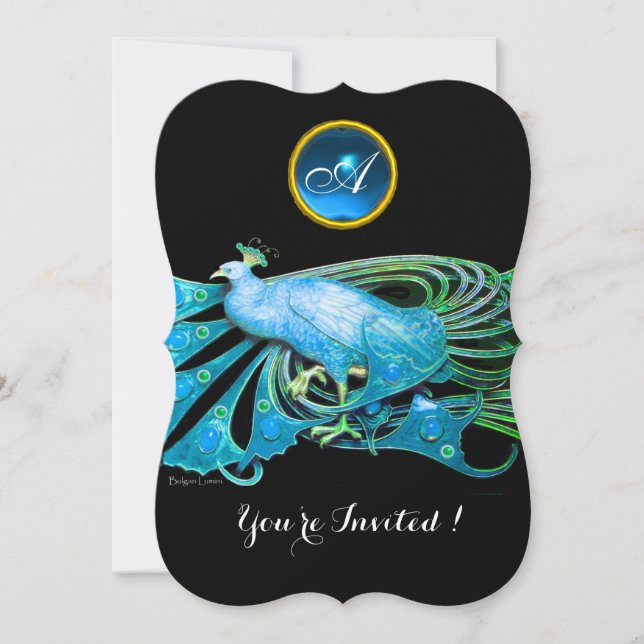 ELEGANT PEACOCK IN BLUE BLACK TEAL WEDDING PARTY INVITATION (Front)