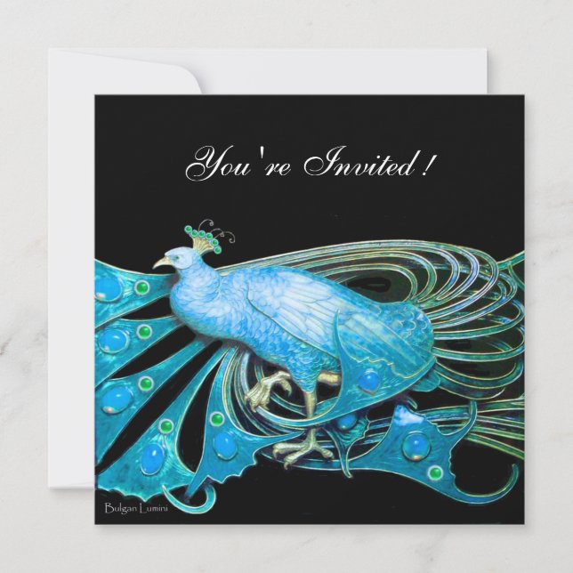 ELEGANT PEACOCK IN BLUE  BLACK TEAL WEDDING PARTY INVITATION (Front)