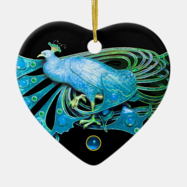ELEGANT PEACOCK IN BLUE SAPPHIRE HEART CERAMIC ORNAMENT (Front)