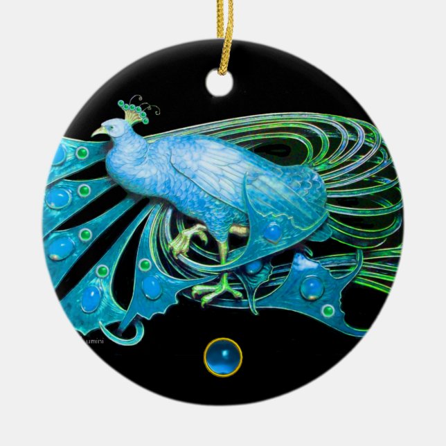 ELEGANT PEACOCK IN  BLUE SAPPHIRE,teal ,turquase Ceramic Ornament (Front)