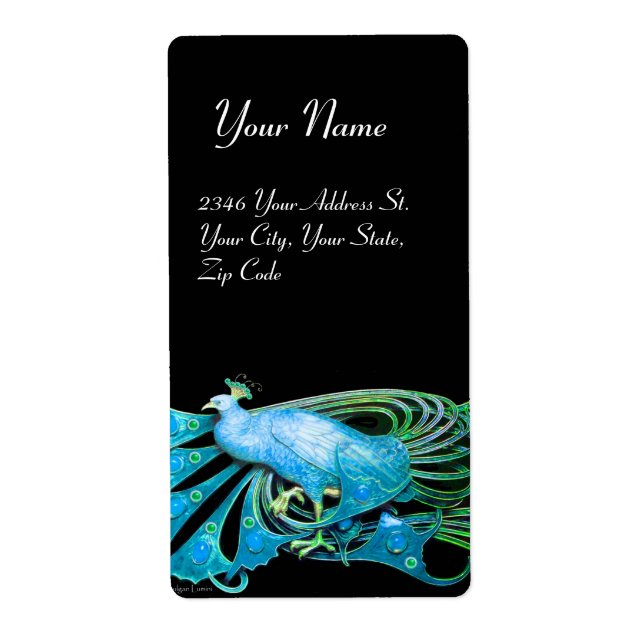 ELEGANT PEACOCK IN BLUE TURQUASE AND BLACK LABEL (Front)