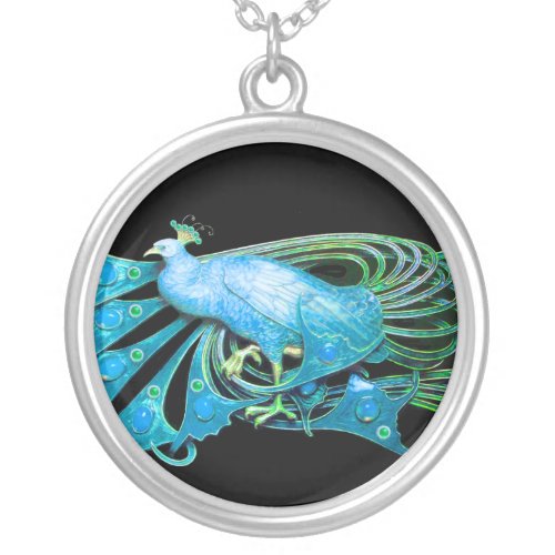ELEGANT PEACOCK IN BLUE TURQUASE AND BLACK SILVER PLATED NECKLACE