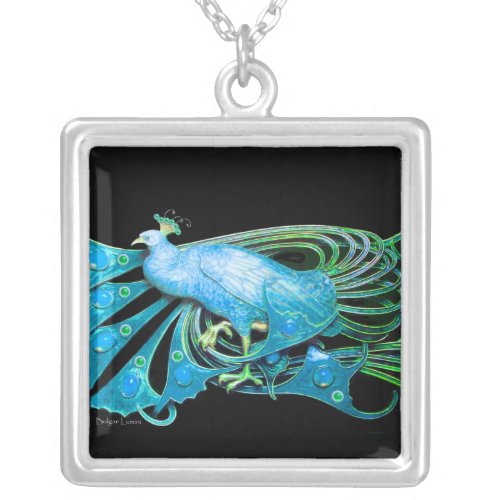 ELEGANT PEACOCK IN BLUE TURQUASE AND BLACK SILVER PLATED NECKLACE