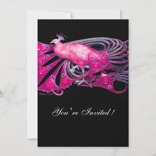 ELEGANT PEACOCK IN FUCHSIA ,PINK AND BLACK INVITATION (Front)