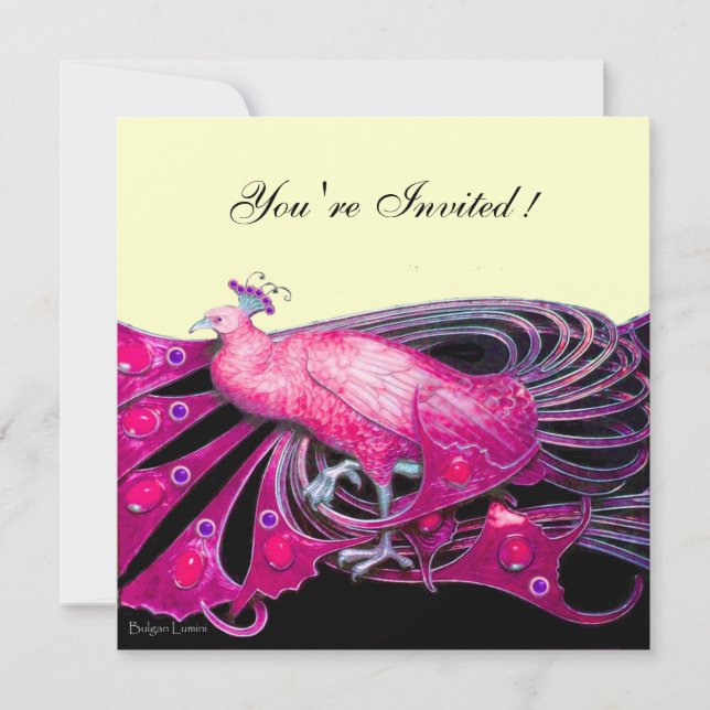 ELEGANT PEACOCK IN FUCHSIA ,PINK , BLACK AND GOLD INVITATION (Front)