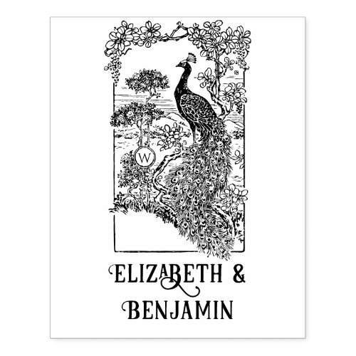 Elegant Peacock in Garden Couple Name Initial  Rubber Stamp