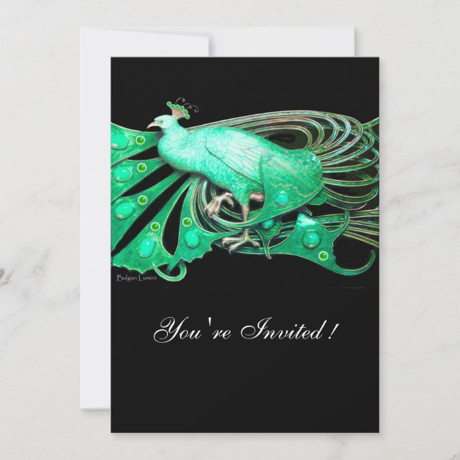 ELEGANT PEACOCK  IN GREEN AND BLACK INVITATION (Front)