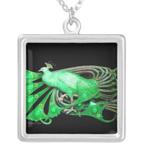 ELEGANT PEACOCK IN GREEN AND BLACK SILVER PLATED NECKLACE