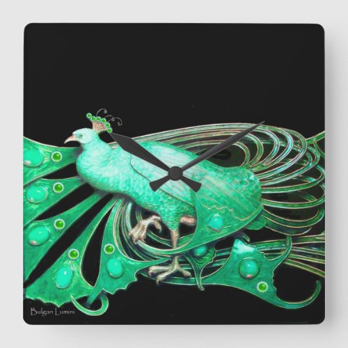 ELEGANT PEACOCK IN GREEN AND BLACK SQUARE WALL CLOCK