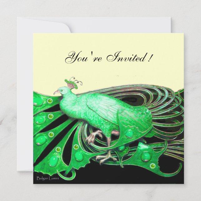 ELEGANT PEACOCK IN GREEN ,BLACK AND GOLD INVITATION (Front)