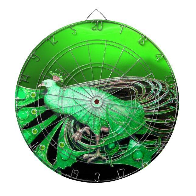 ELEGANT  PEACOCK IN GREEN DARTBOARD WITH DARTS (Front)