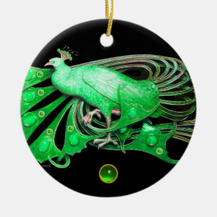 ELEGANT PEACOCK IN GREEN EMERALD CERAMIC ORNAMENT