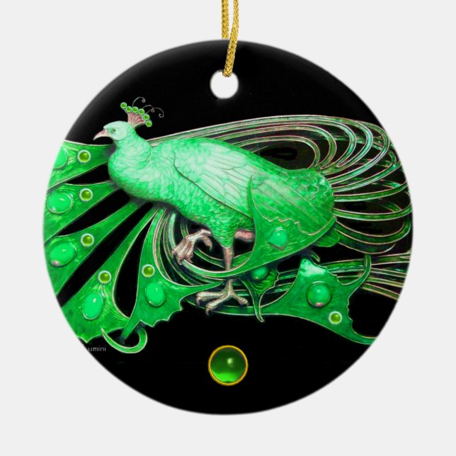 ELEGANT PEACOCK IN GREEN EMERALD CERAMIC ORNAMENT (Front)