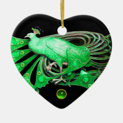 ELEGANT PEACOCK IN GREEN EMERALD HEART CERAMIC ORNAMENT