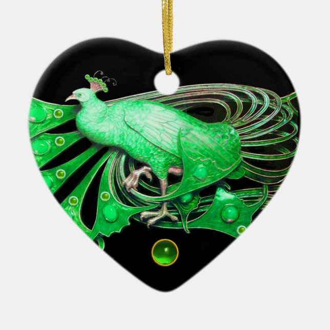 ELEGANT PEACOCK IN GREEN EMERALD HEART CERAMIC ORNAMENT (Front)