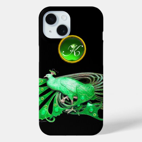 ELEGANT PEACOCK IN GREEN EMERALD MONOGRAM iPhone 15 CASE