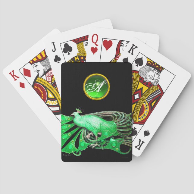 ELEGANT PEACOCK IN GREEN EMERALD MONOGRAM POKER CARDS (Back)