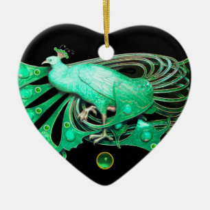 ELEGANT PEACOCK IN GREEN JADE HEART CERAMIC ORNAMENT