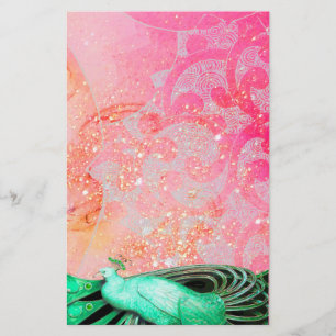 ELEGANT PEACOCK IN GREEN SPARKLING PINK FUCHSIA STATIONERY