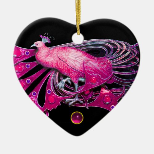 ELEGANT PEACOCK IN PINK FUCHSIA AMETHYST HEART CERAMIC ORNAMENT