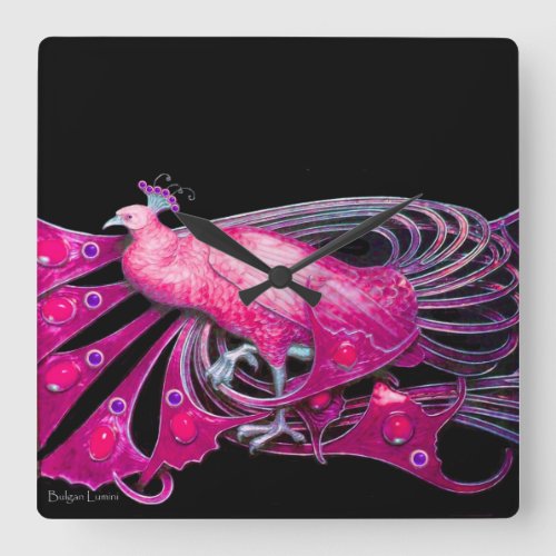 ELEGANT PEACOCK IN PINK FUCHSIA  AND BLACK SQUARE WALL CLOCK