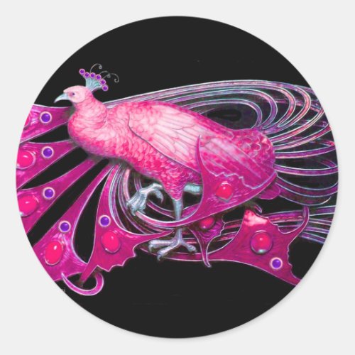 ELEGANT PEACOCK IN PINKFUCHSIA BLACK CLASSIC ROUND STICKER