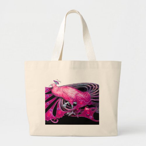 ELEGANT PEACOCK IN PINKFUCHSIA BLACK LARGE TOTE BAG