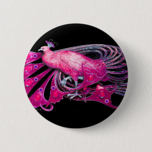 ELEGANT PEACOCK IN PINK,FUCHSIA ,BLACK PINBACK BUTTON