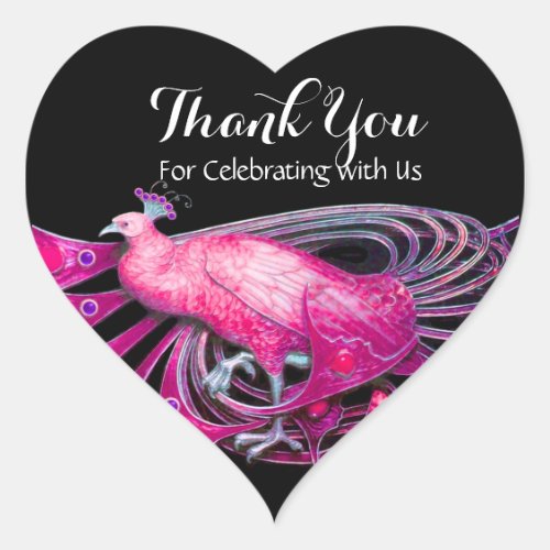 ELEGANT PEACOCK IN PINKFUCHSIA BLACK Thank You Heart Sticker