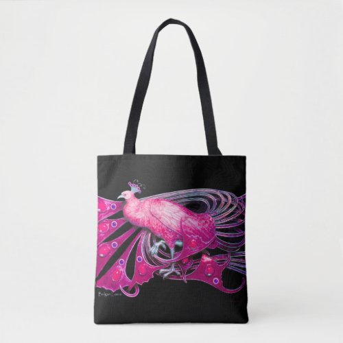 ELEGANT PEACOCK IN PINKFUCHSIA BLACK TOTE BAG