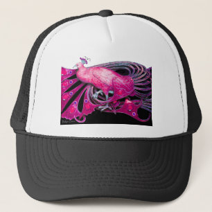ELEGANT PEACOCK IN PINK,FUCHSIA ,BLACK TRUCKER HAT