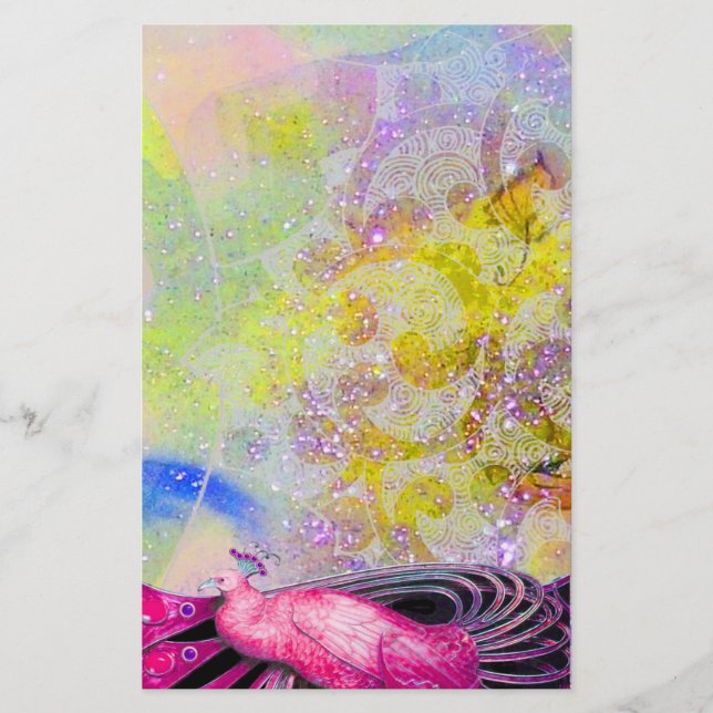 ELEGANT PEACOCK IN PINK,SPARKLING YELLOW PURPLE STATIONERY (Front)