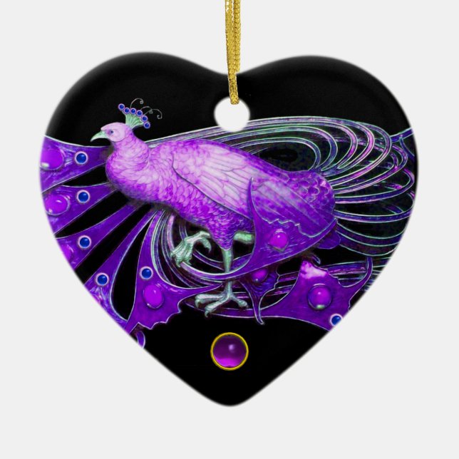ELEGANT PEACOCK IN PURPLE AMETHYST HEART CERAMIC ORNAMENT (Front)
