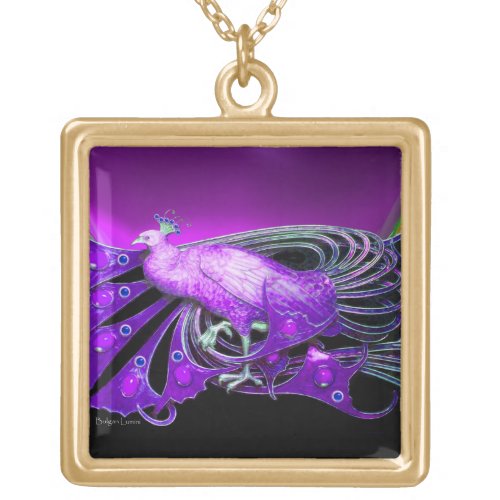 ELEGANT PEACOCK IN PURPLE AND BLACK GOLD PLATED NECKLACE