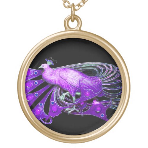 ELEGANT PEACOCK IN PURPLE AND BLACK GOLD PLATED NECKLACE