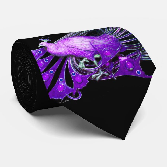 ELEGANT PEACOCK IN PURPLE AND BLACK NECK TIE (Rolled)